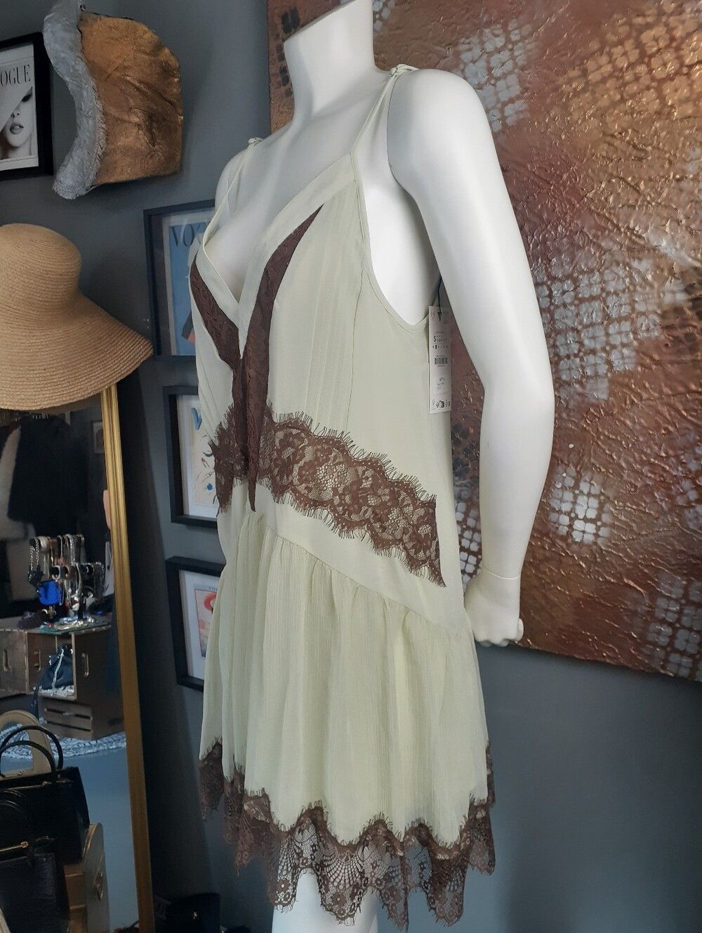 Zara Nwt Lace-Trim Chiffon Slip Dress in Pale Green and Chocolate Brown - Picture 11 of 16